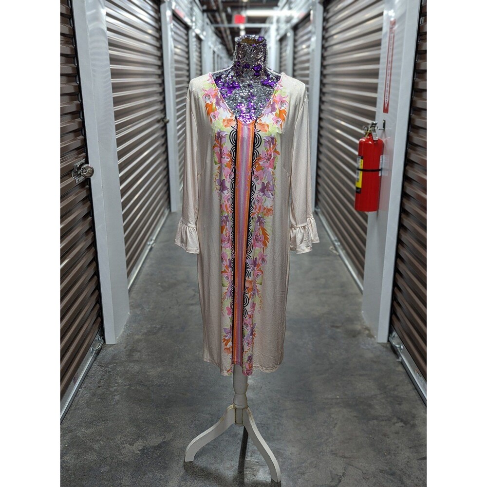 JM Collection XL Island Breeze Cream Floral Striped Knee Length V-Neck Dress